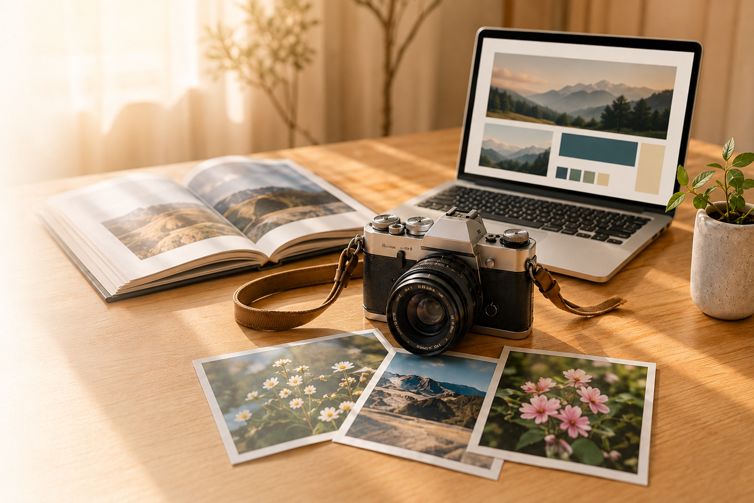 温かな自然光の中、画面を開いたノートパソコンとカメラ、写真、アルバムが並ぶ木の机