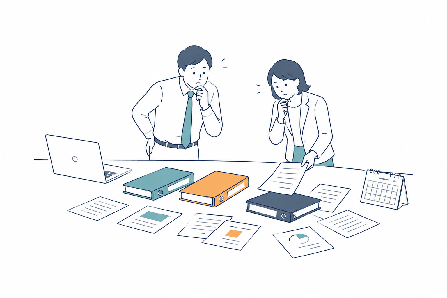 資料や予定が散らばり、必要な情報を探している会社のスタッフ